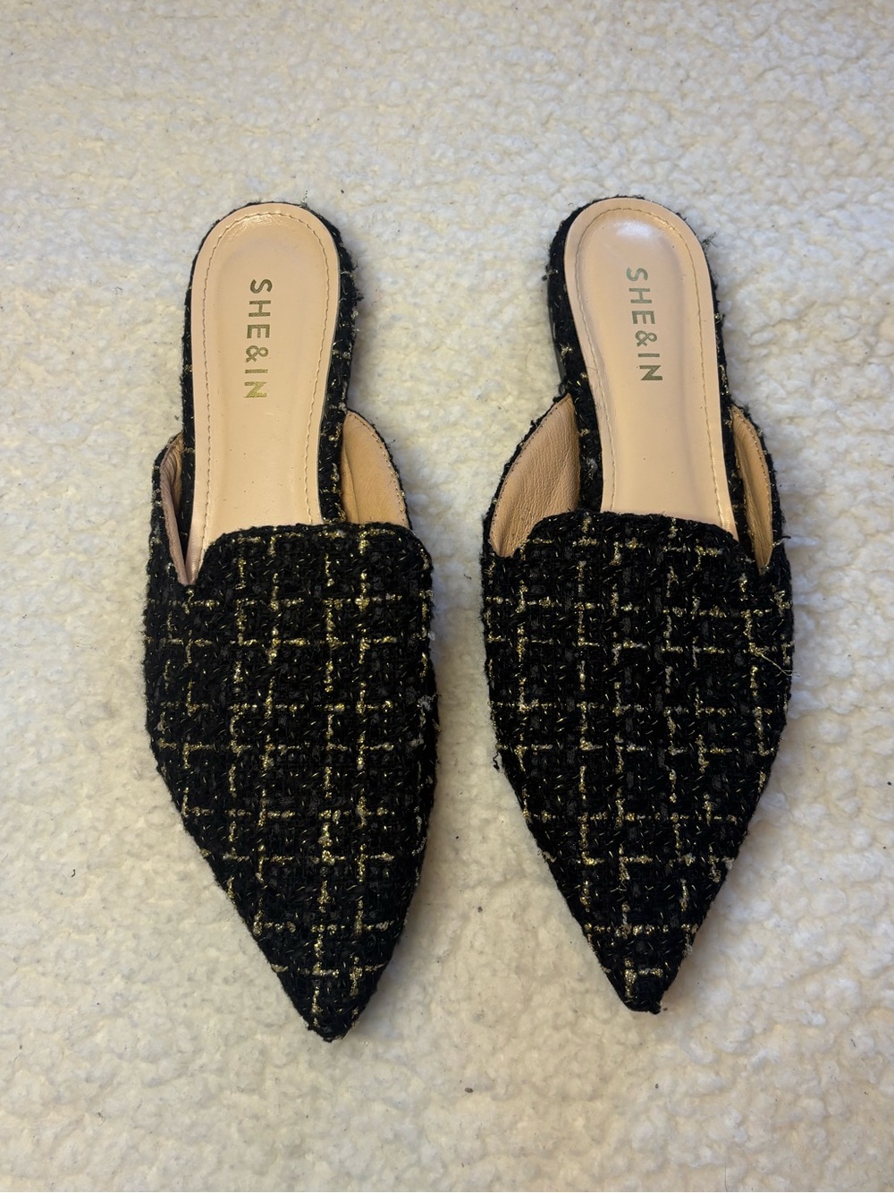 Shein Women Black Gold Tweed Pointed Toe Mule Flats